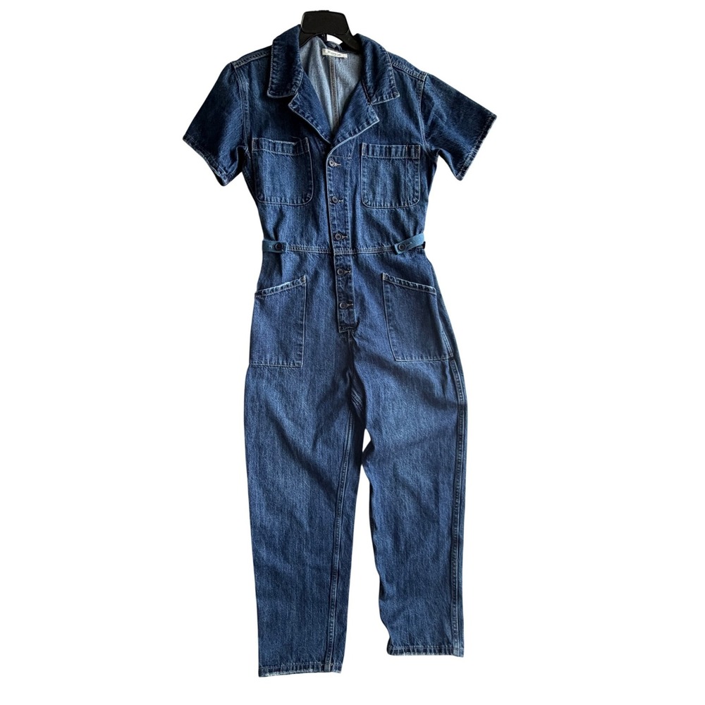 Wisteria Lane Denim Jumpsuit Women Blue Short Sleeve Button Front Utility S